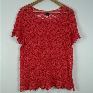 Alfani Coral Red Crochet Lace Short Sleeve Top 100% Cotton Scalloped Hem Spring